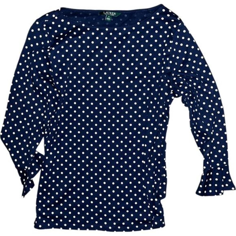 Lauren Ralph Lauren Women’s Navy White Polka Dot Ruffle Sleeve Top XL‎ NWT